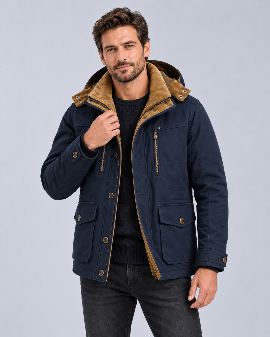 Men's Insulated Winter Parka Jacket | Detachable Hood & Corduroy Collar