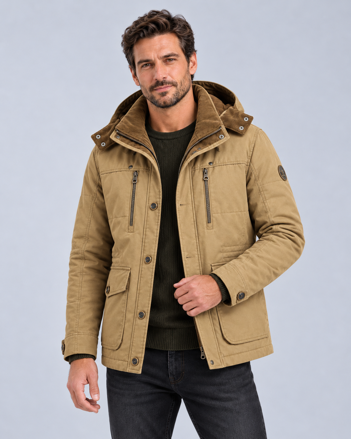 Men's Insulated Winter Parka Jacket | Detachable Hood & Corduroy Collar