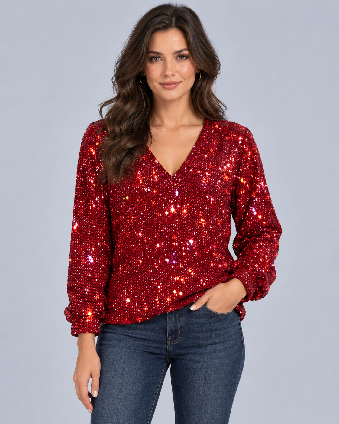 Women's Sequin Knit Sweater | V-Neck Long Sleeve Evening Pullover