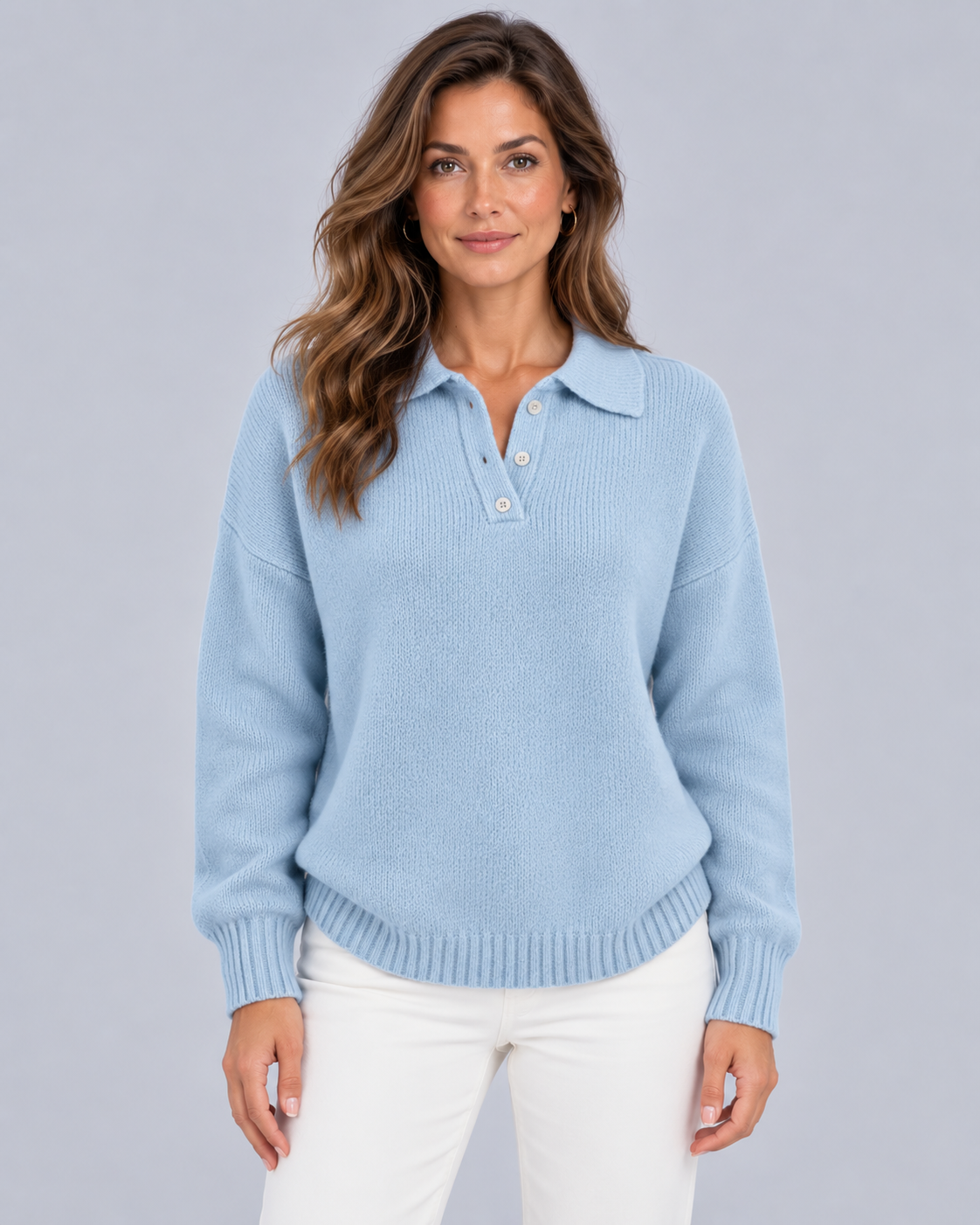 Women's Stretch-Knit Polo Sweater | Jumper with Ribbed Cuffs