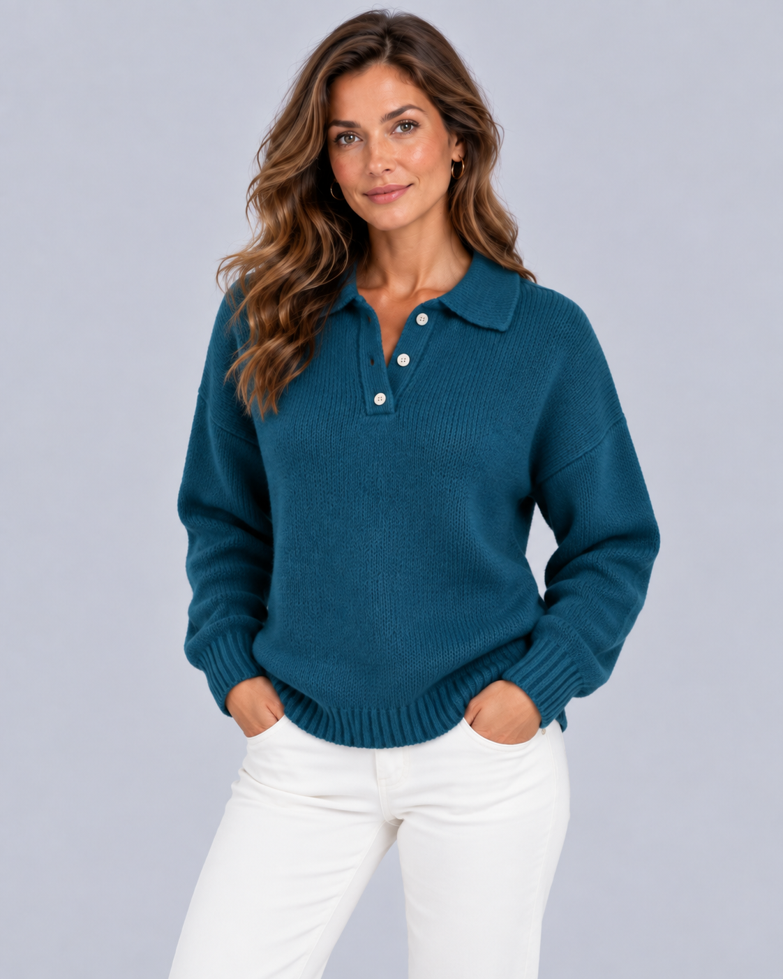Women's Stretch-Knit Polo Sweater | Jumper with Ribbed Cuffs