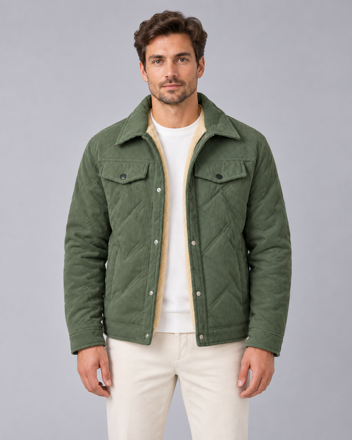 Men's Corduroy Padded Jacket | Coat with Snap-Button Closure