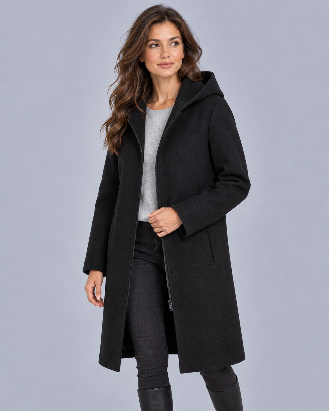 Women's 100% Pure Wool Hooded Coat | Full Zip Overcoat