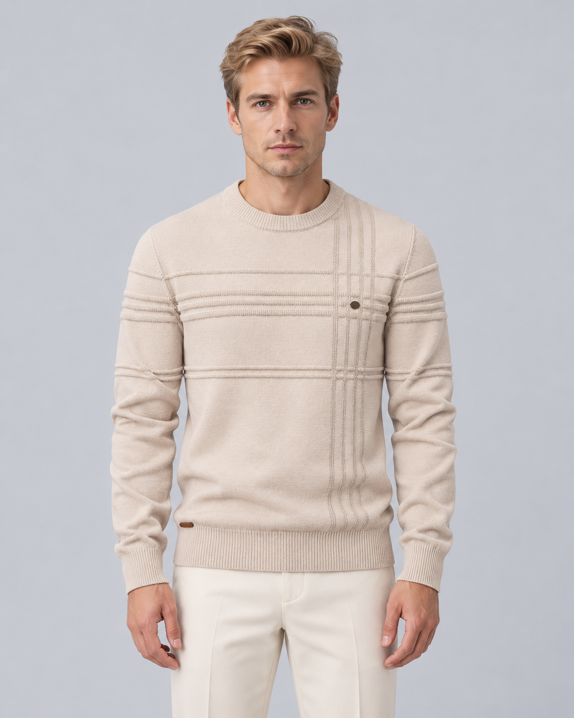 Men's Textured Cotton Crew Neck Jumper | Slim Fit Knitted Sweater