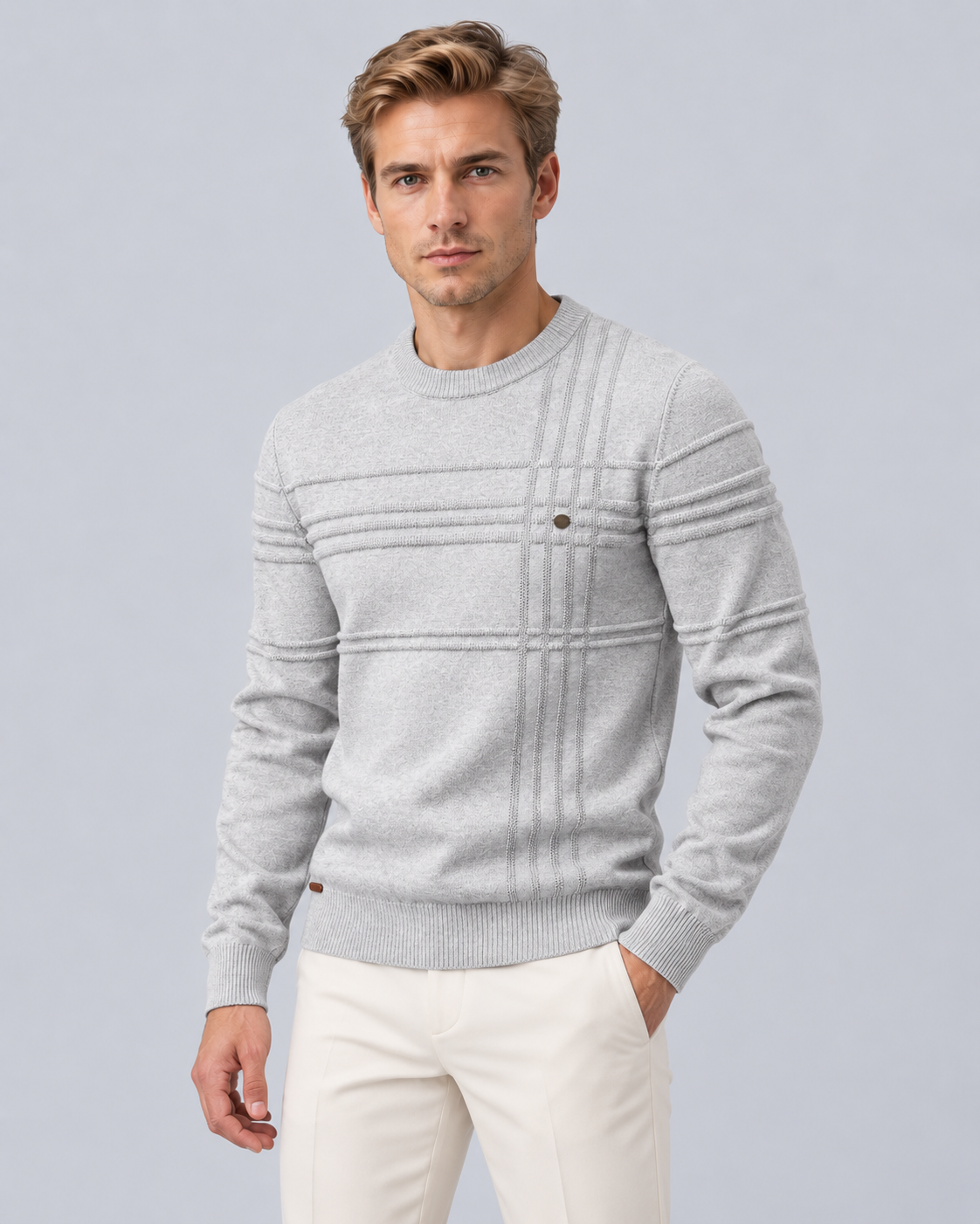 Men's Textured Cotton Crew Neck Jumper | Slim Fit Knitted Sweater