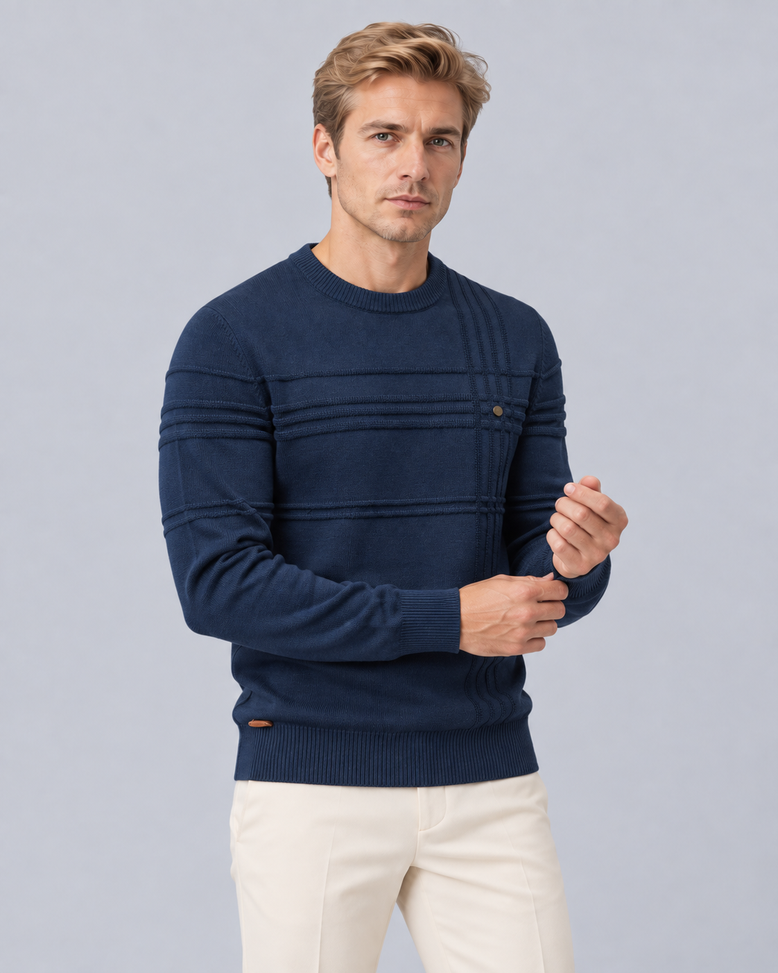 Men's Textured Cotton Crew Neck Jumper | Slim Fit Knitted Sweater