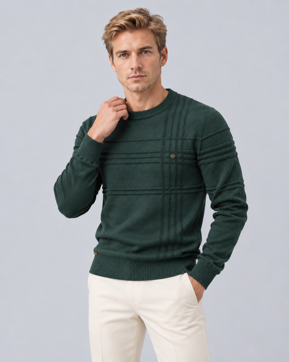Men's Textured Cotton Crew Neck Jumper | Slim Fit Knitted Sweater