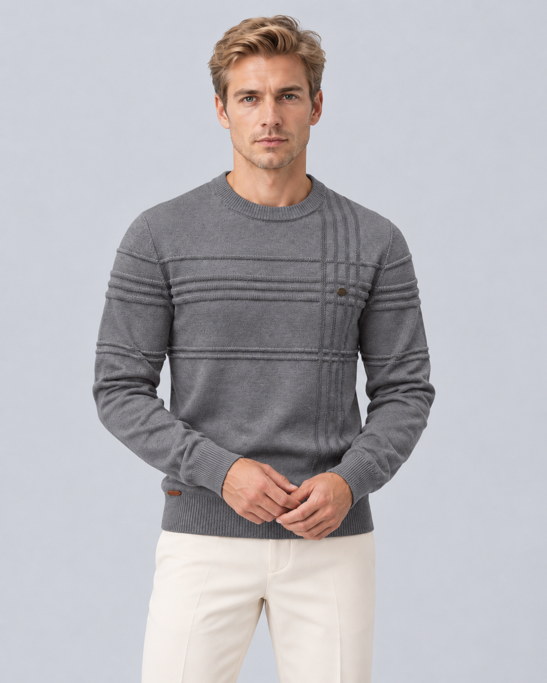Men's Textured Cotton Crew Neck Jumper | Slim Fit Knitted Sweater