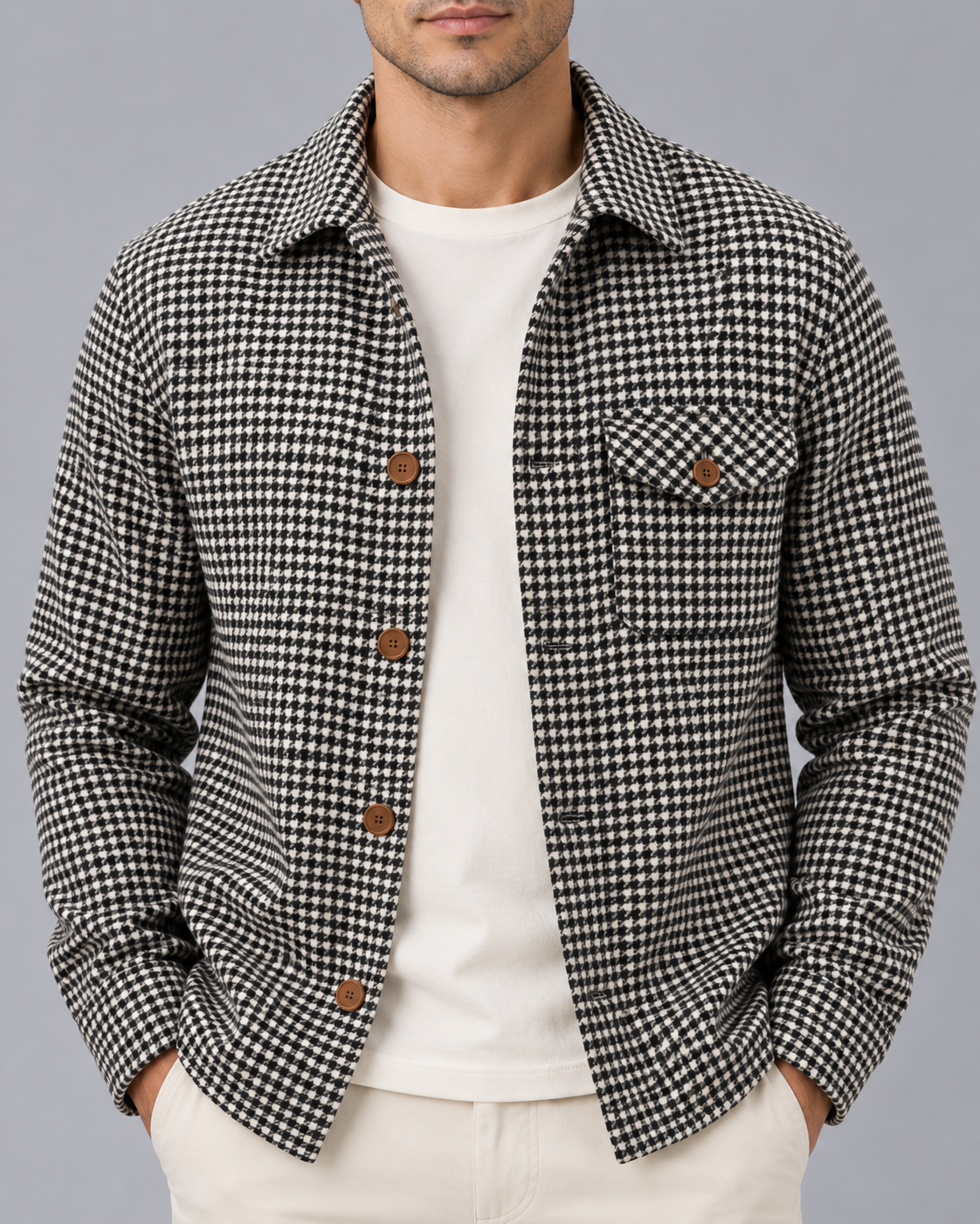 Men's Houndstooth Shirt Jacket | Button-Up Check Overshirt
