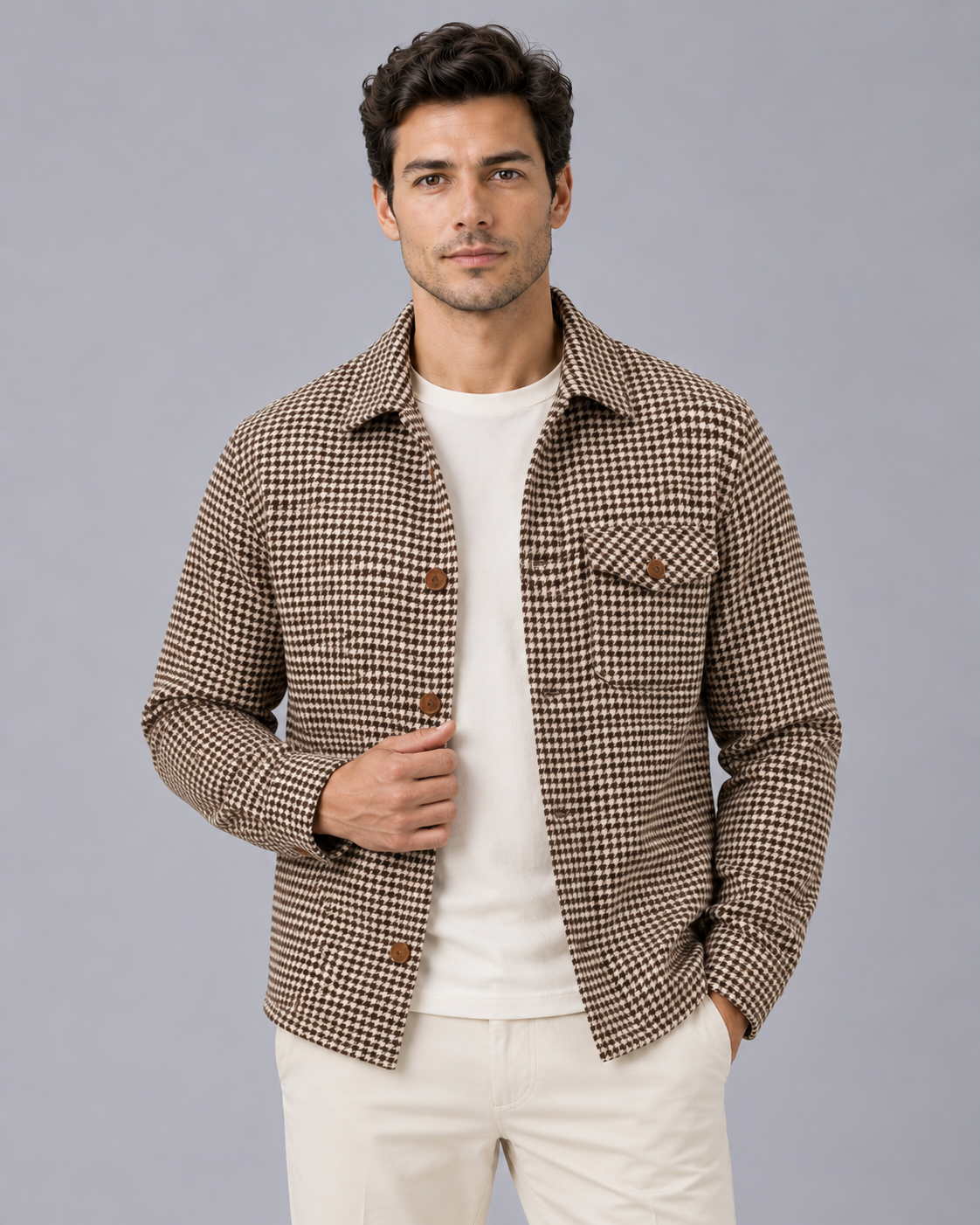 Men's Houndstooth Shirt Jacket | Button-Up Check Overshirt