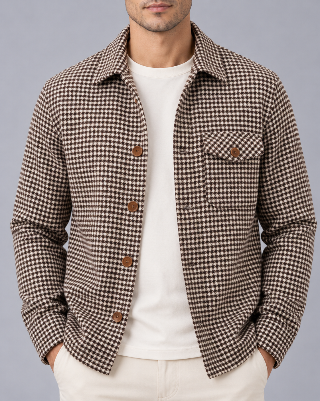 Men's Houndstooth Shirt Jacket | Button-Up Check Overshirt
