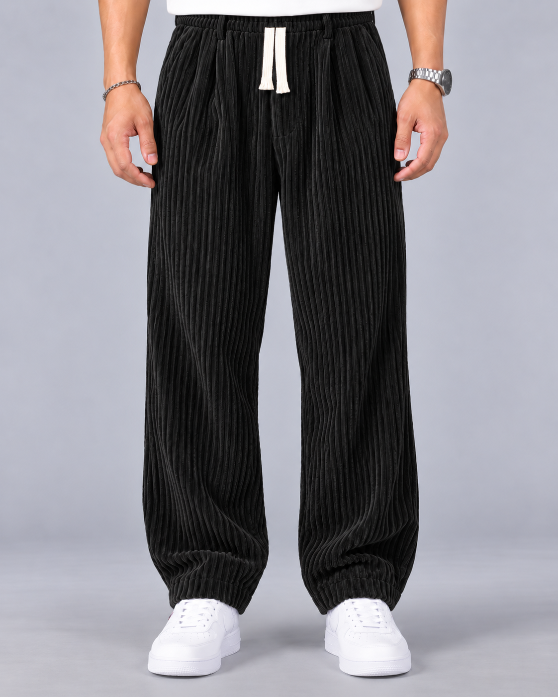 Men's Wide Leg Corduroy Trousers | Baggy Relaxed Fit with Drawstring Waist