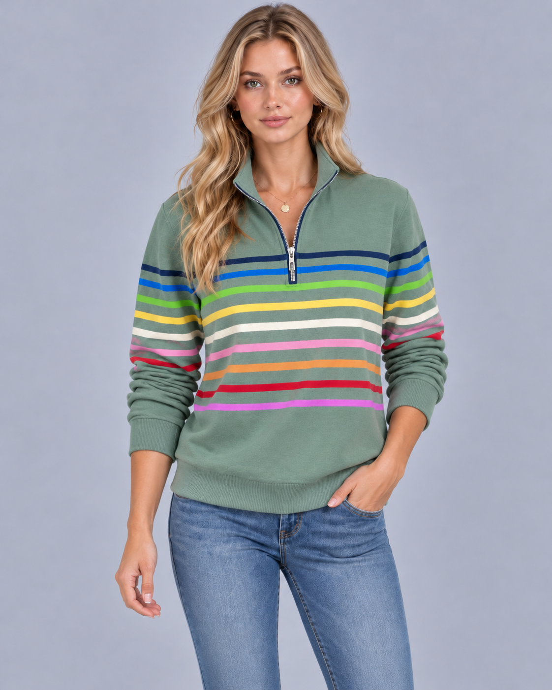 Women's Striped Quarter-Zip Knitted Jumper | Soft Knit Sweater with Stand-Up Collar