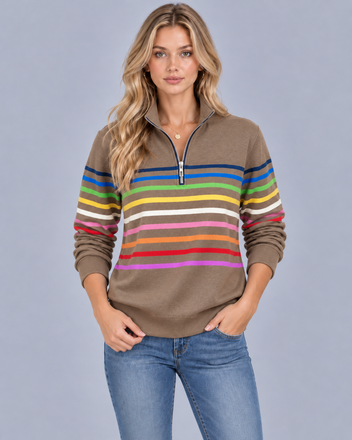 Women's Striped Quarter-Zip Knitted Jumper | Soft Knit Sweater with Stand-Up Collar