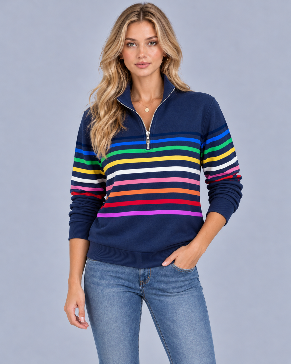 Women's Striped Quarter-Zip Knitted Jumper | Soft Knit Sweater with Stand-Up Collar