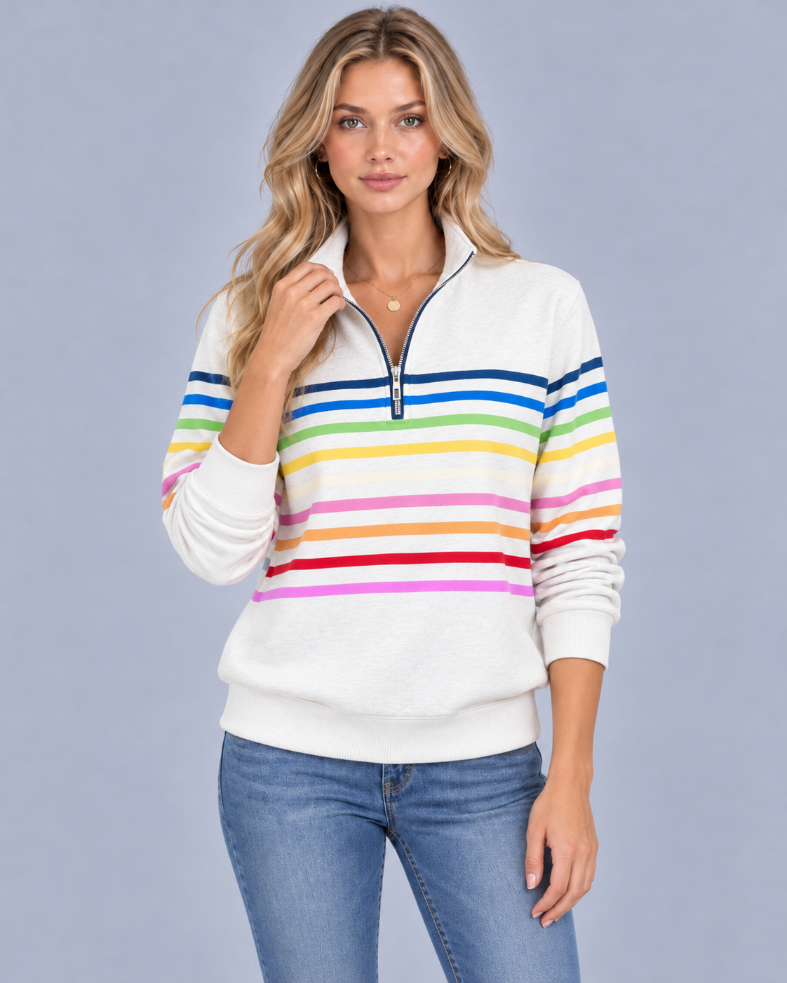 Women's Striped Quarter-Zip Knitted Jumper | Soft Knit Sweater with Stand-Up Collar
