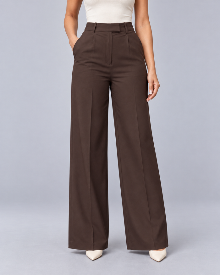 Women's High-Waisted Wide Leg Trousers | Pleated Front Tailored Trousers with Pockets