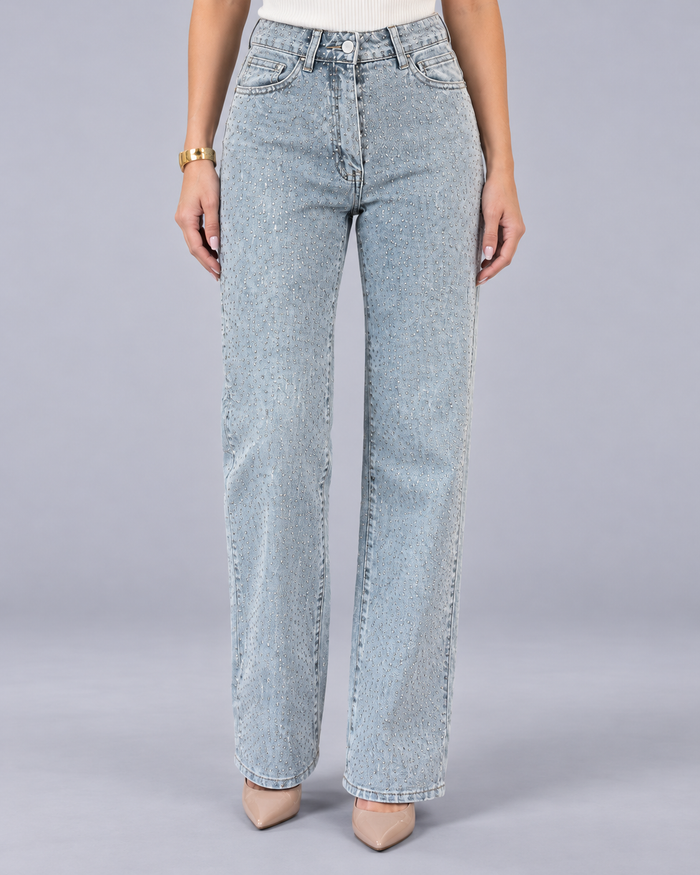 Women's High-Waisted Straight Leg Jeans | Stretch Denim with All-Over Rhinestones