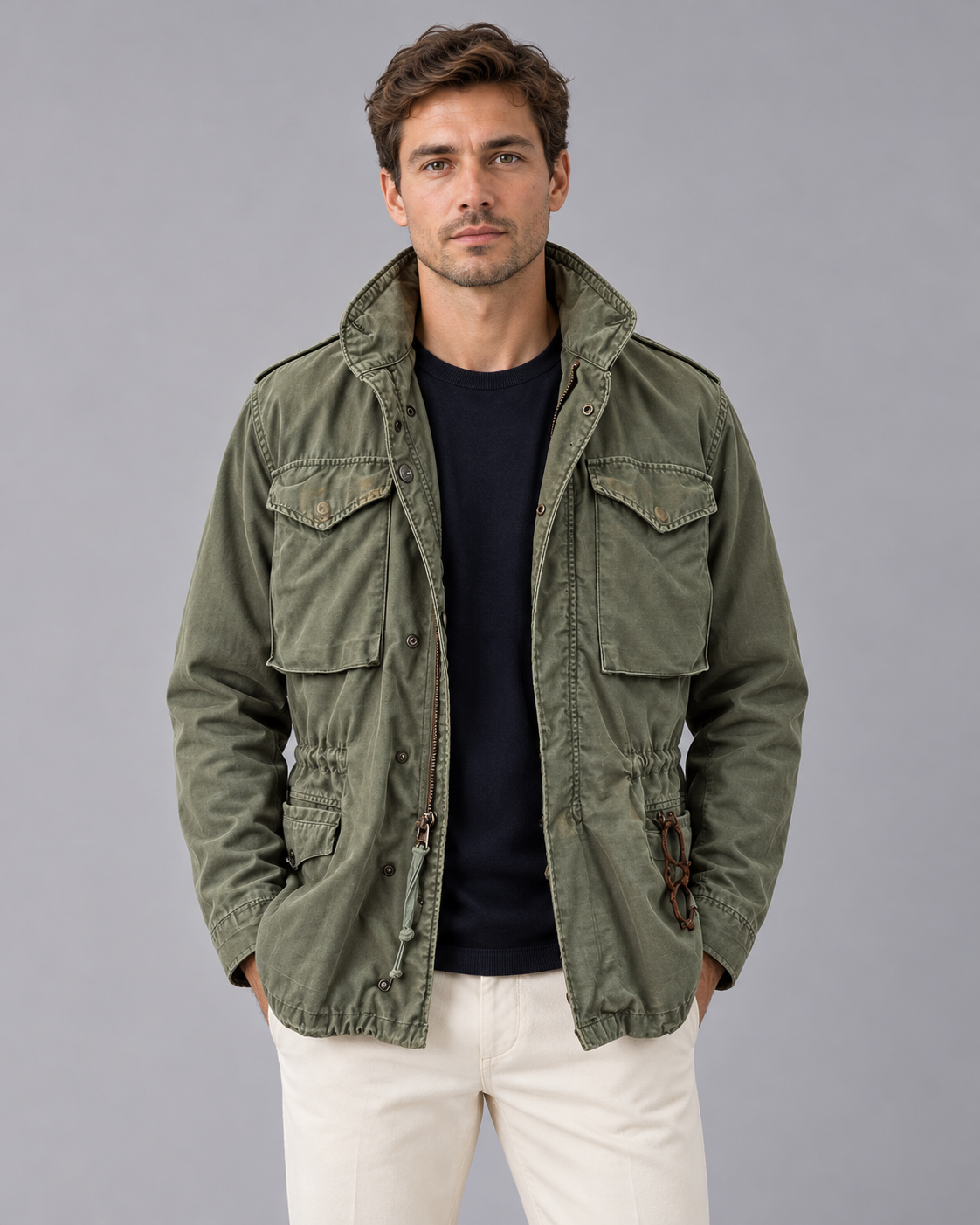 Men's Rain Jacket in Waterproof Polyester with Hood – Zip & Storm Flap, Drawstring Waist
