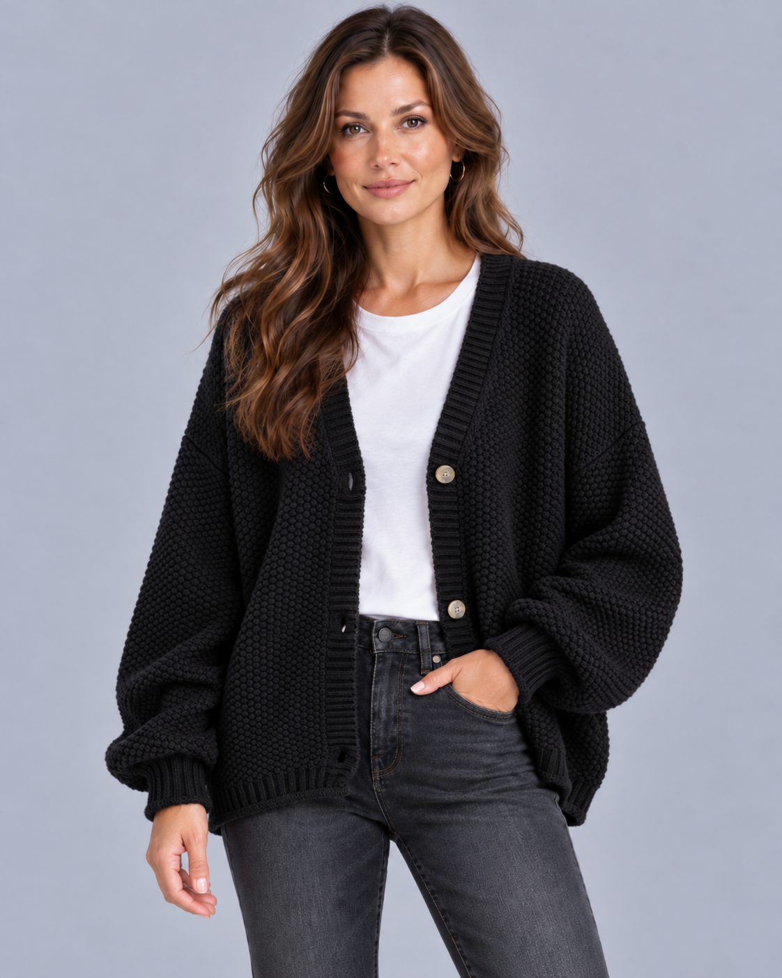 Women's Chunky Knit Cardigan in Wool Blend – Oversized, V-Neck, Balloon Sleeves, Button Front