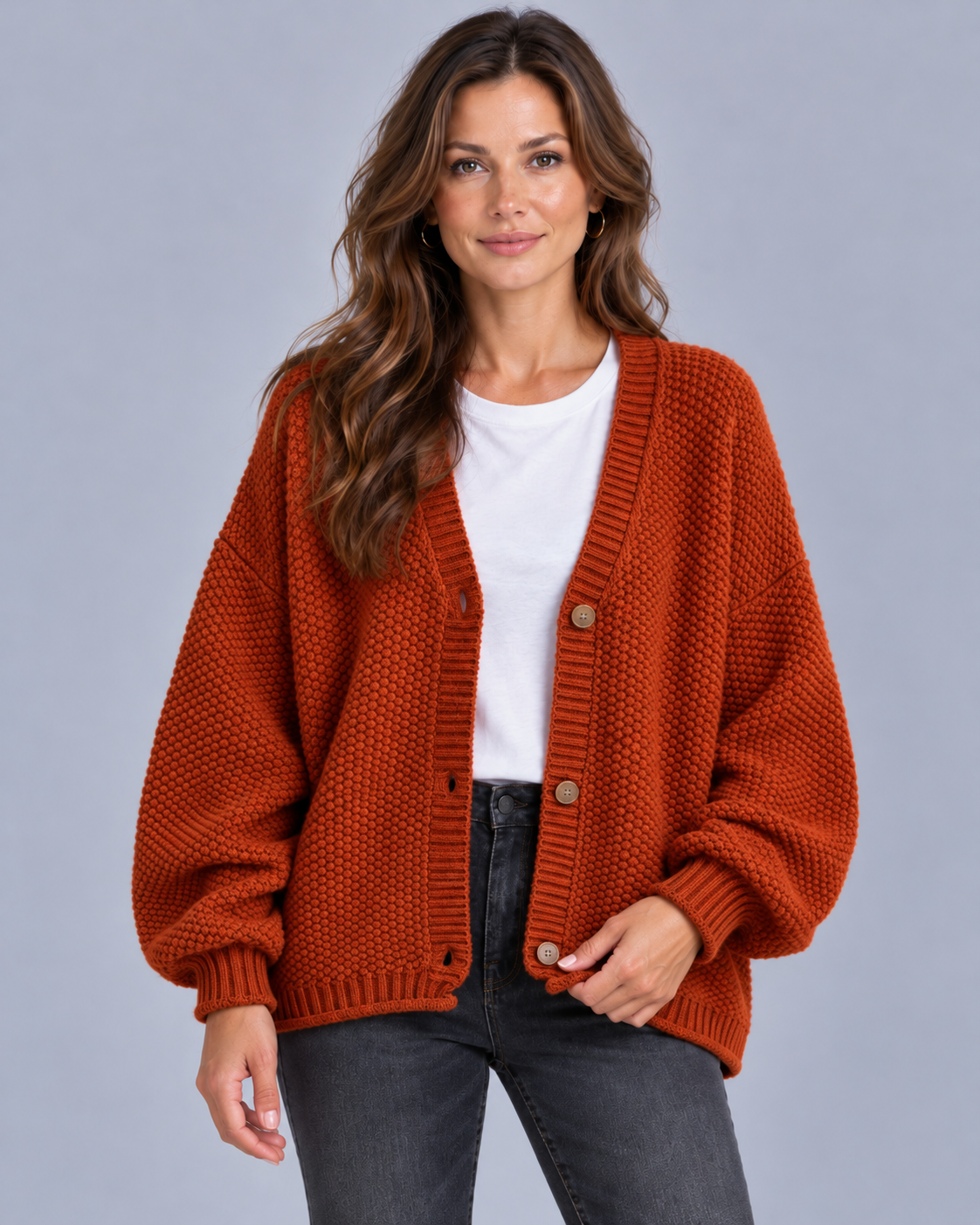 Women's Chunky Knit Cardigan in Wool Blend – Oversized, V-Neck, Balloon Sleeves, Button Front
