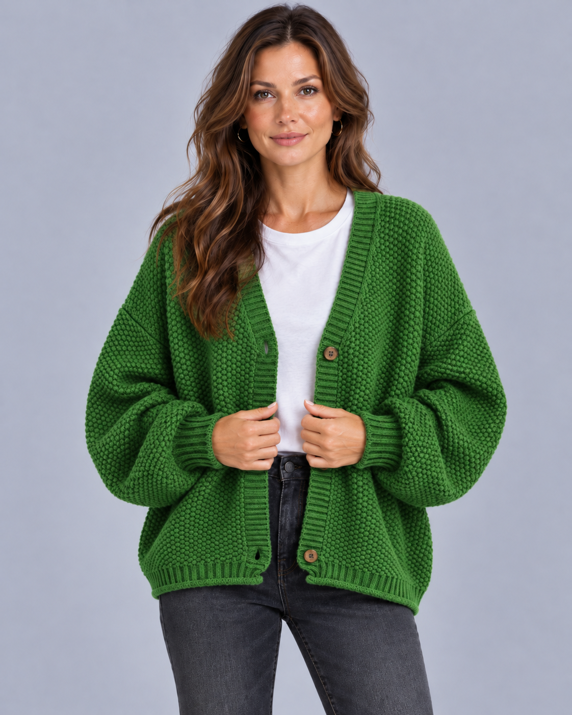 Women's Chunky Knit Cardigan in Wool Blend – Oversized, V-Neck, Balloon Sleeves, Button Front