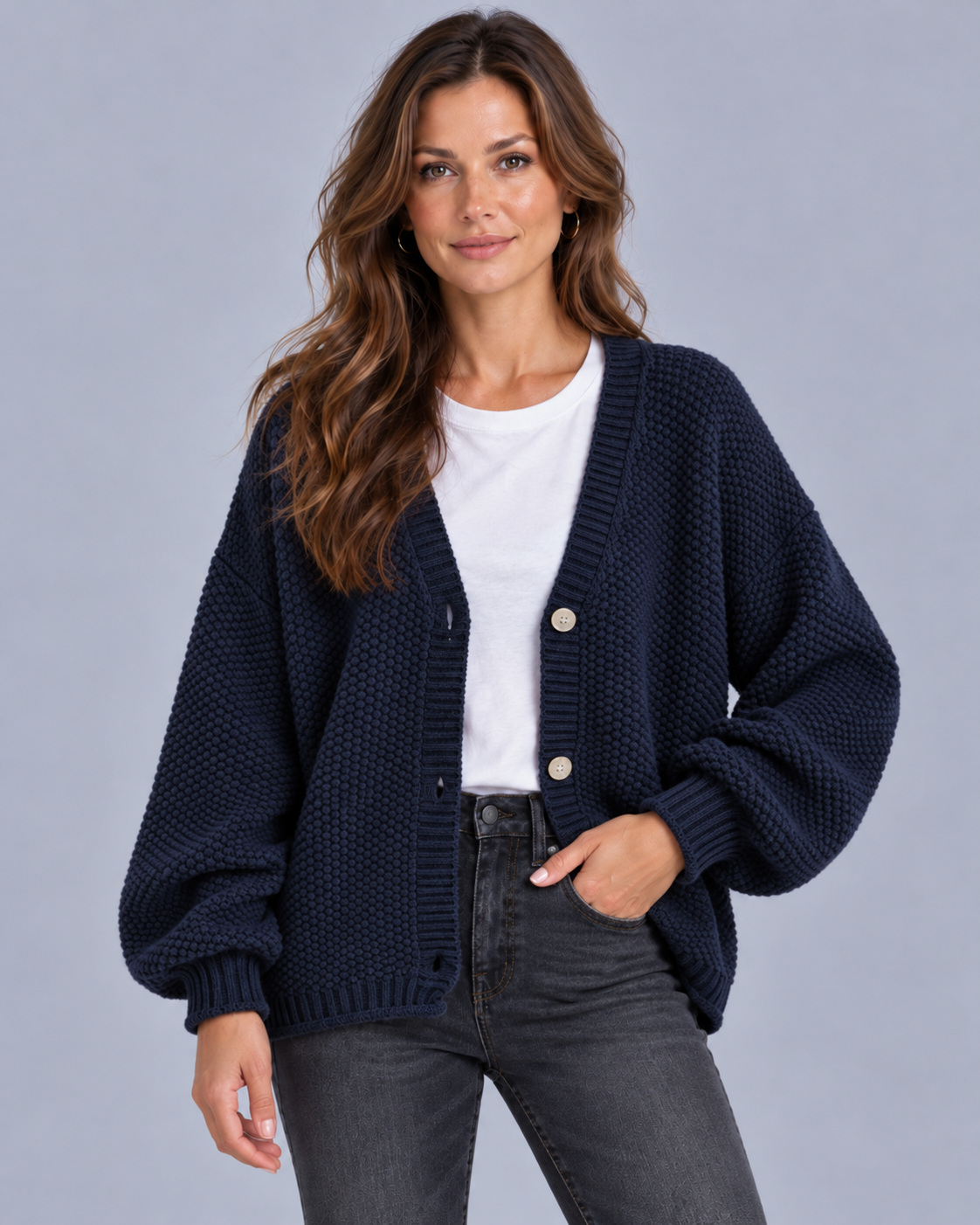 Women's Chunky Knit Cardigan in Wool Blend – Oversized, V-Neck, Balloon Sleeves, Button Front