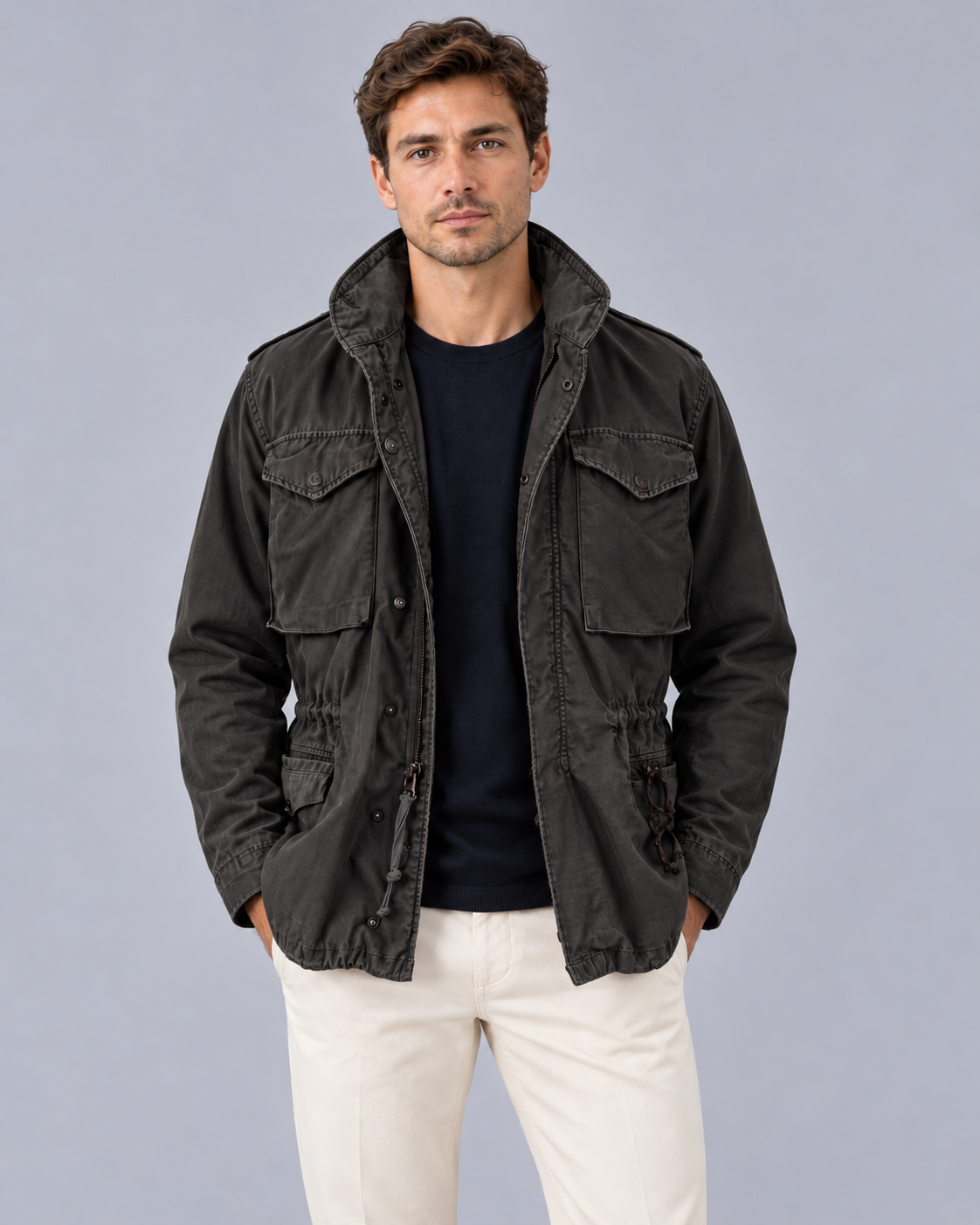 Men's Rain Jacket in Waterproof Polyester with Hood – Zip & Storm Flap, Drawstring Waist