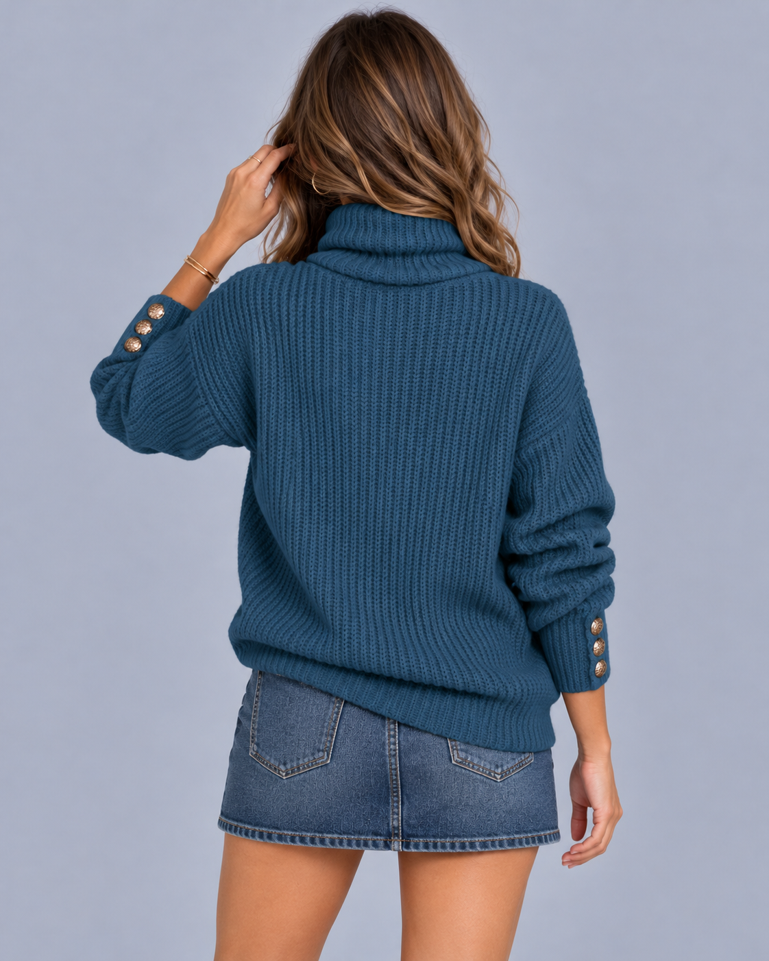 Women's Turtleneck Jumper Knitted – Cowl Neck, Button Cuff Sleeves, Relaxed Fit