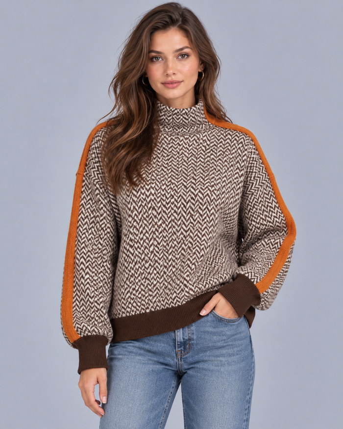 Women's Turtleneck Jumper – Herringbone Knit with Contrast Sleeve Stripe, One Size