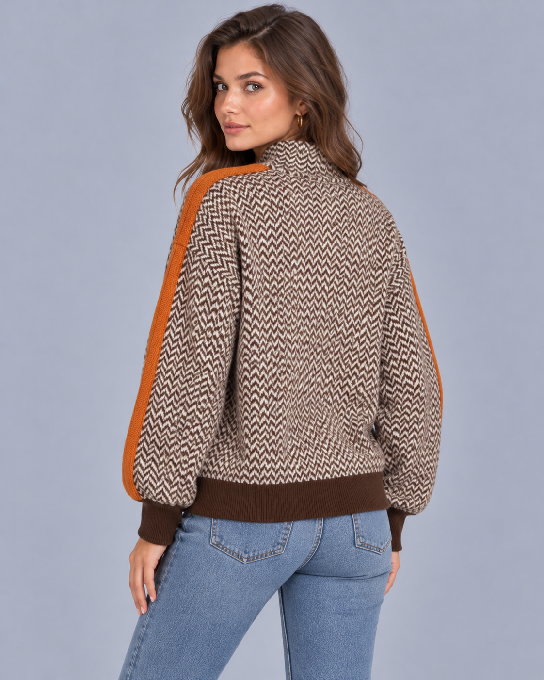 Women's Turtleneck Jumper – Herringbone Knit with Contrast Sleeve Stripe, One Size