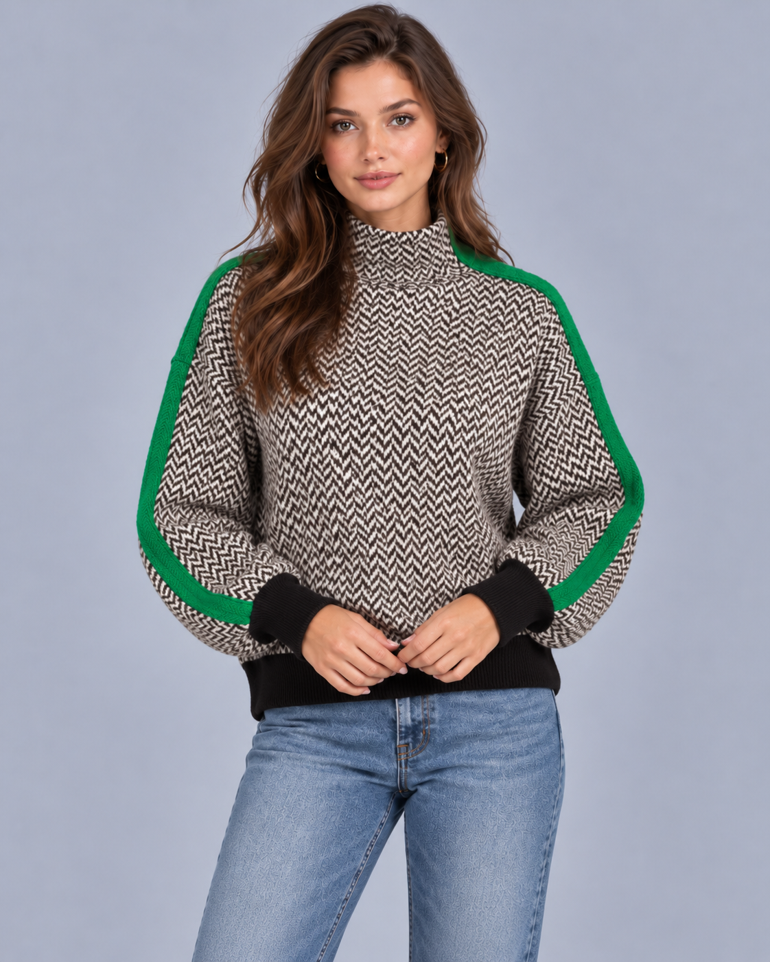Women's Turtleneck Jumper – Herringbone Knit with Contrast Sleeve Stripe, One Size