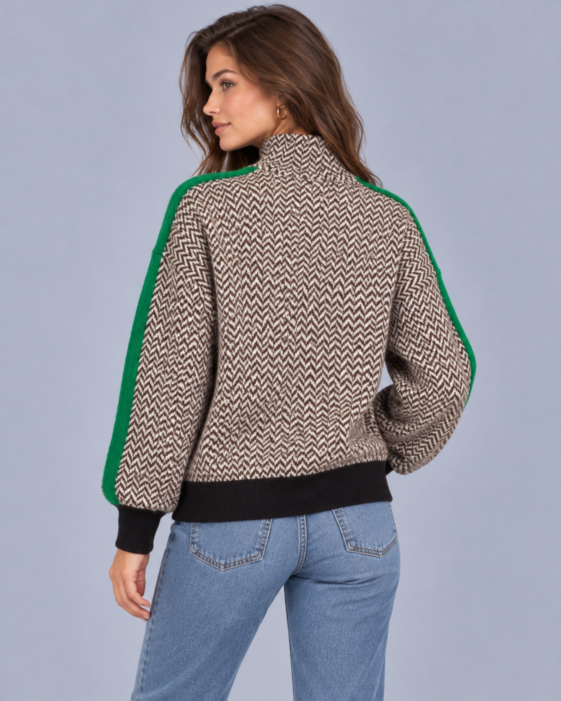 Women's Turtleneck Jumper – Herringbone Knit with Contrast Sleeve Stripe, One Size