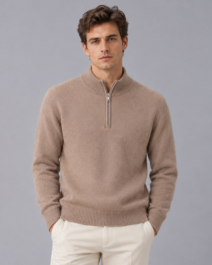 Men's 100% Cashmere Quarter Zip Jumper with High Collar and Ribbed Trims
