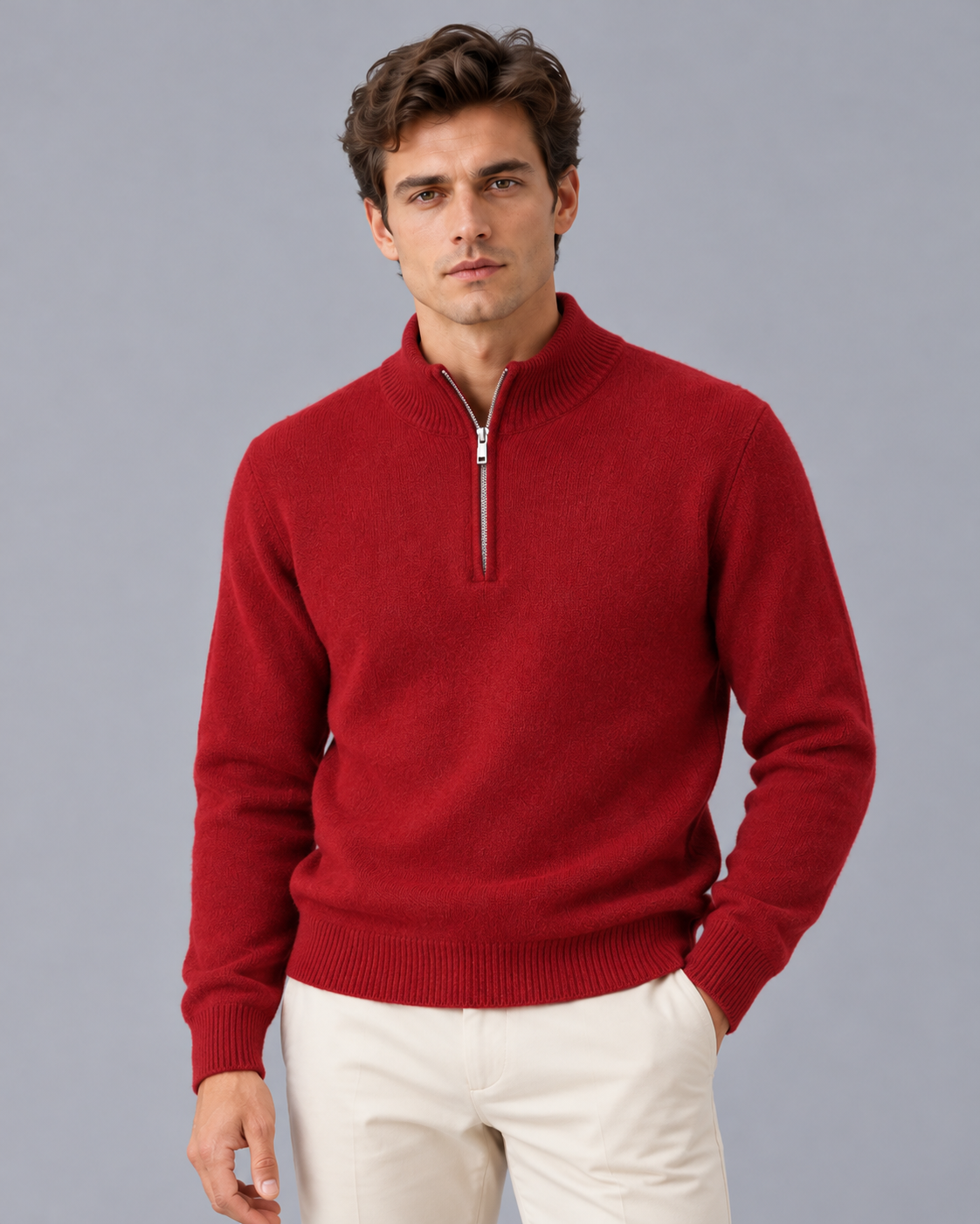 Men's 100% Cashmere Quarter Zip Jumper with High Collar and Ribbed Trims