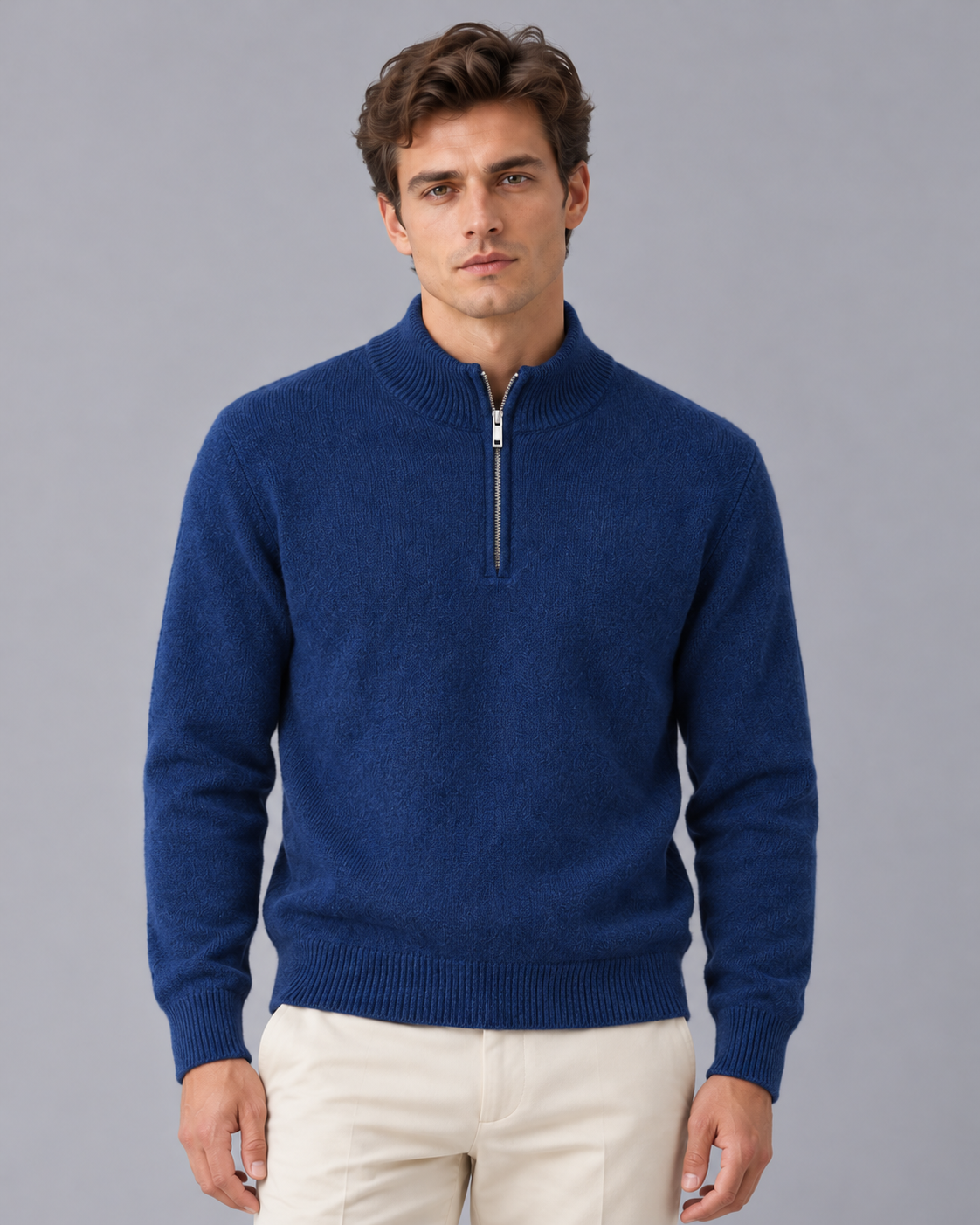 Men's 100% Cashmere Quarter Zip Jumper with High Collar and Ribbed Trims