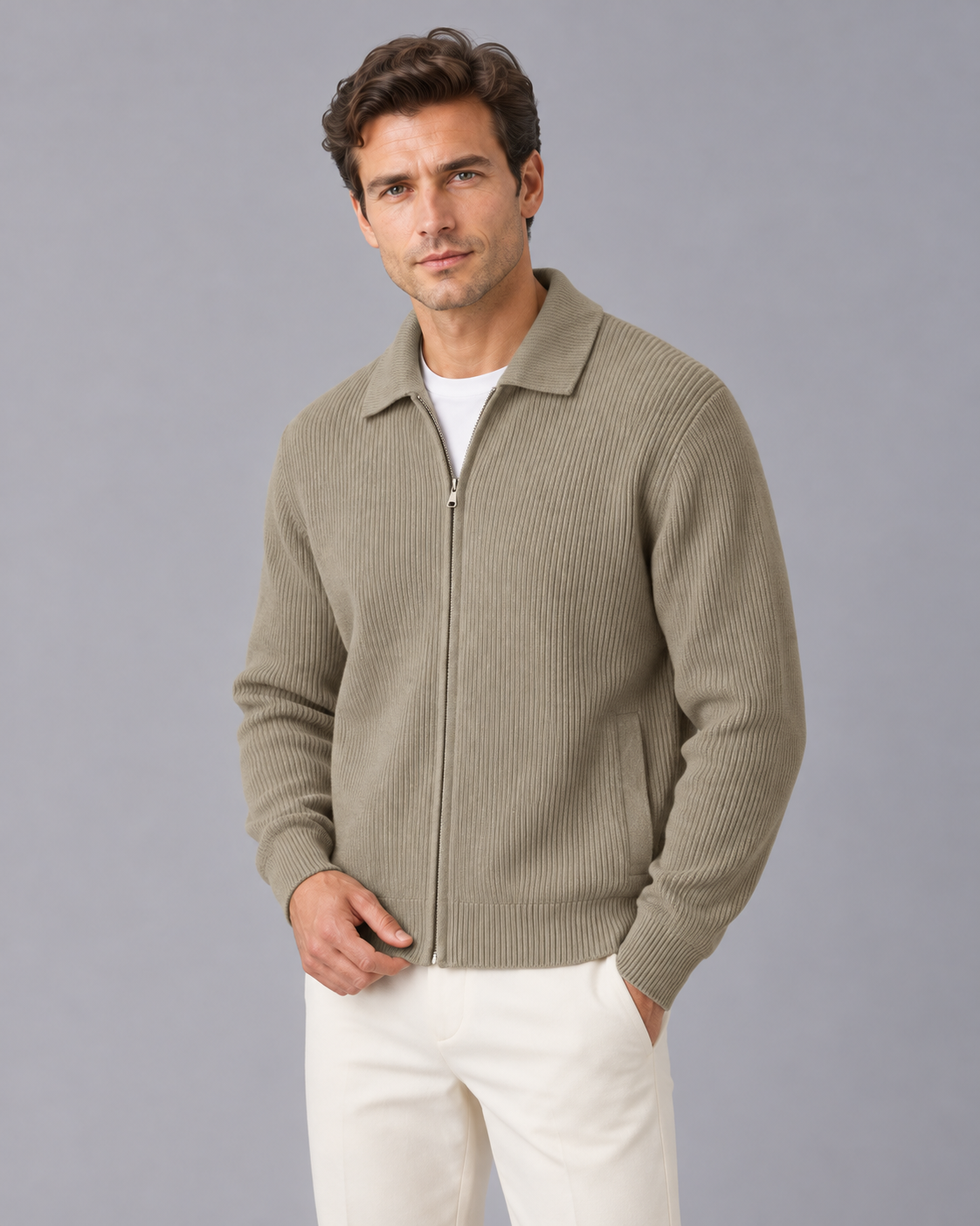 Men's Wool Zip Through Cardigan with Polo Collar