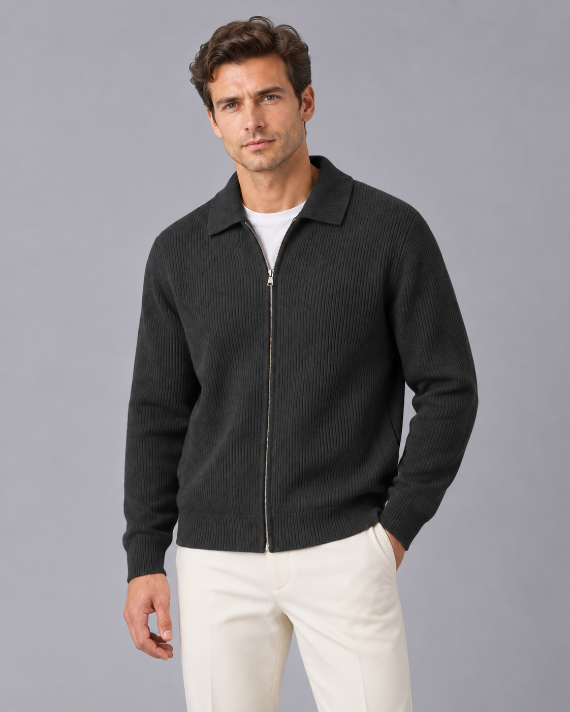 Men's Wool Zip Through Cardigan with Polo Collar