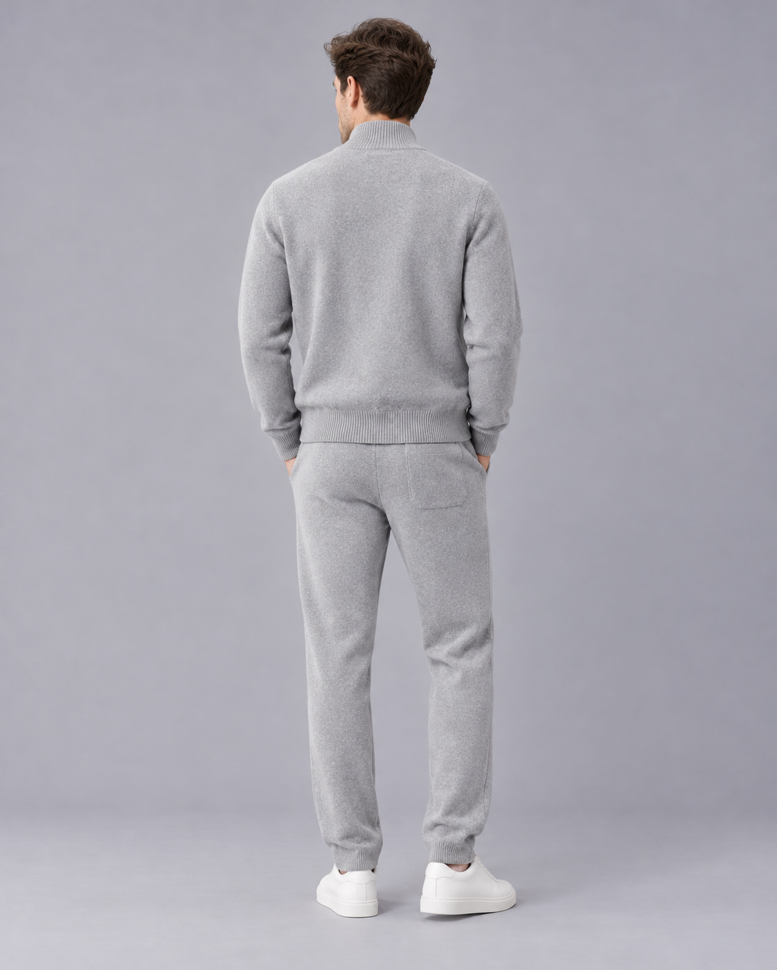 Men's 100% Merino Wool Knitted Tracksuit with Stand Collar and Tapered Joggers