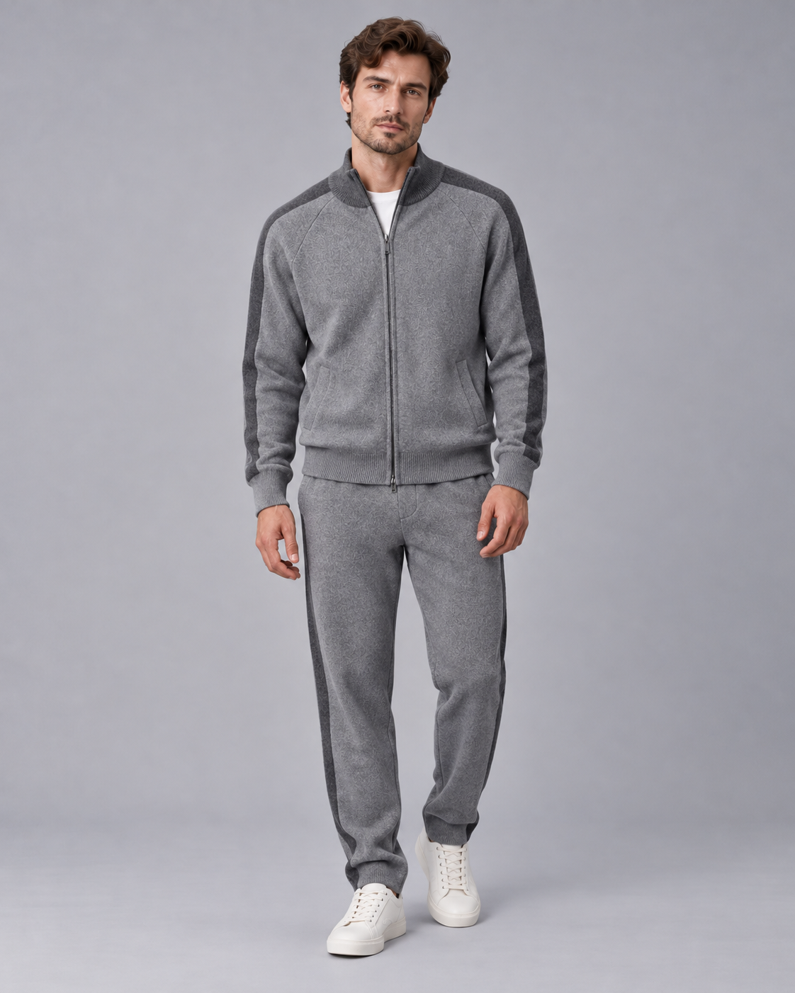 Men's 100% Cashmere Tracksuit with Stand Collar Zip Jacket and Contrast Panels