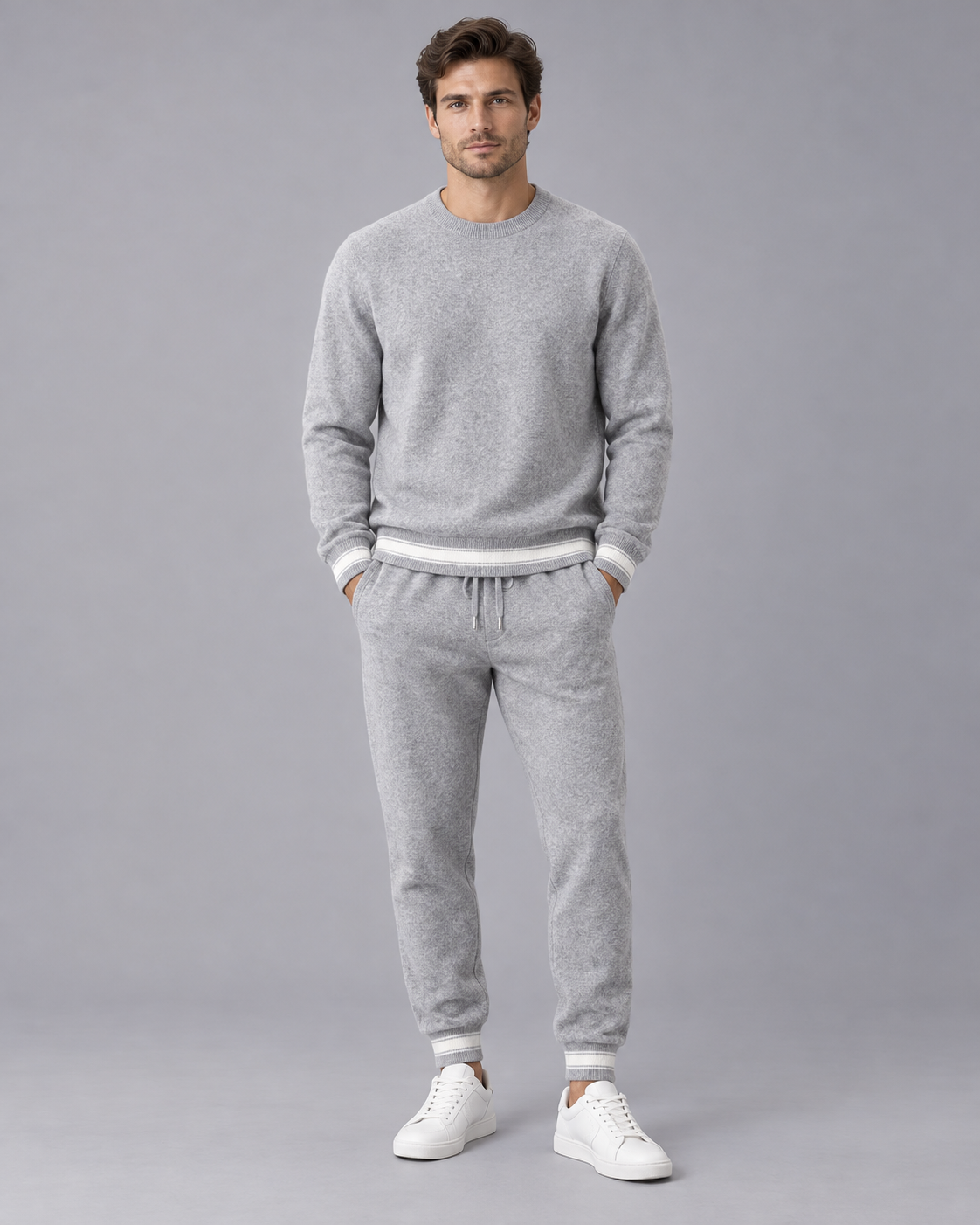 Men's 100% Cashmere Lounge Set with Crew-Neck Jumper and Striped Joggers