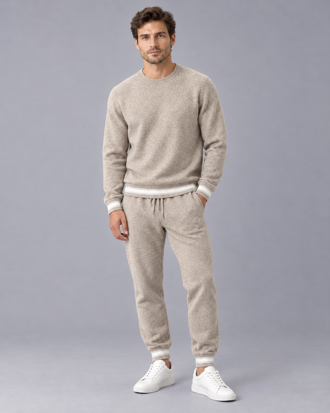 Men's 100% Cashmere Lounge Set with Crew-Neck Jumper and Striped Joggers
