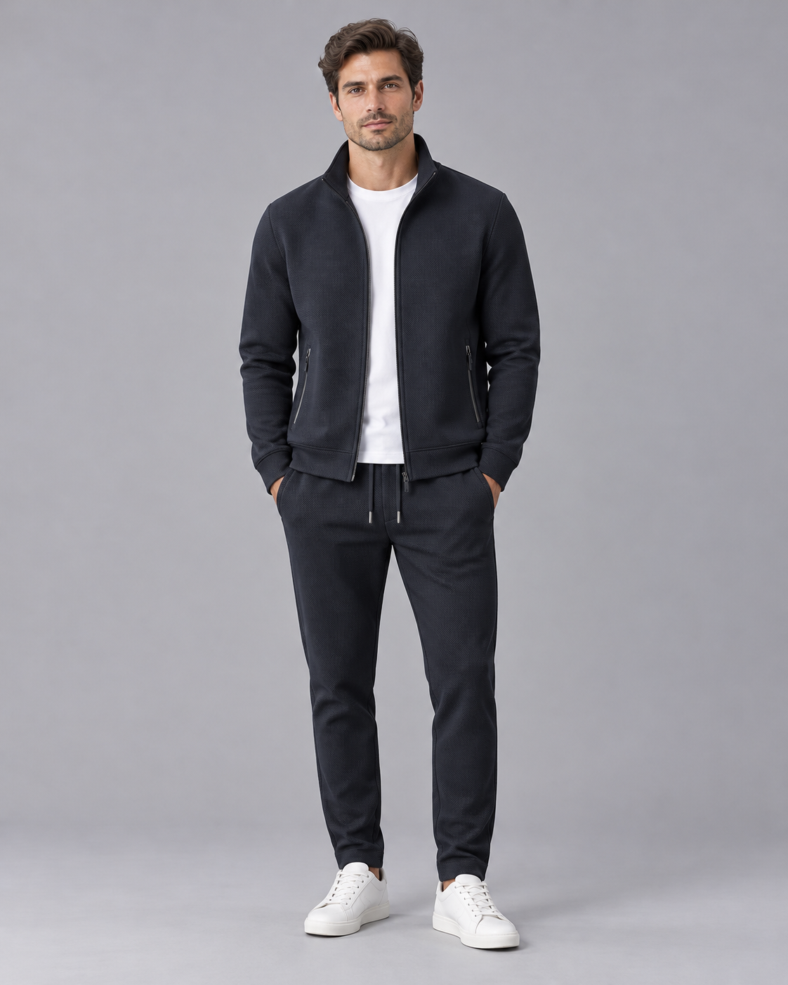 Men's Textured Tracksuit with Zip-Up Jacket and Drawstring Joggers