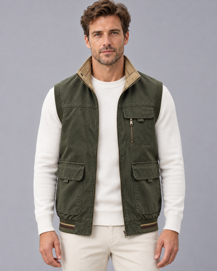 Men's Multi Pocket Gilet with Stand Collar and Full Zip