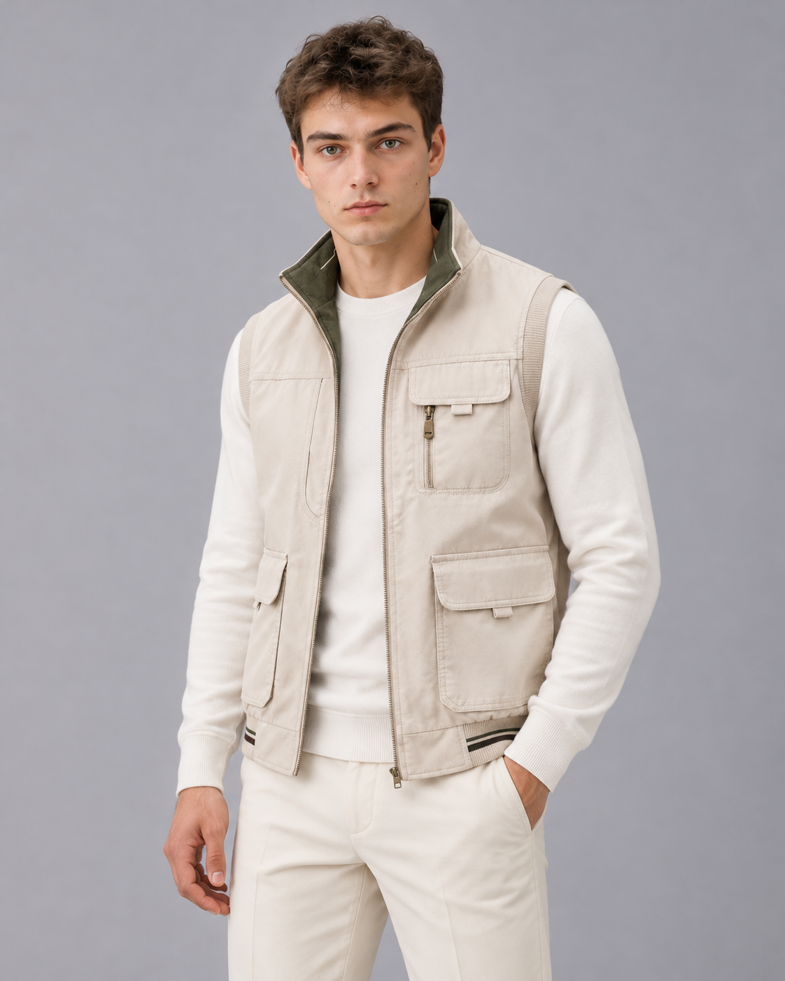 Men's Multi Pocket Gilet with Stand Collar and Full Zip