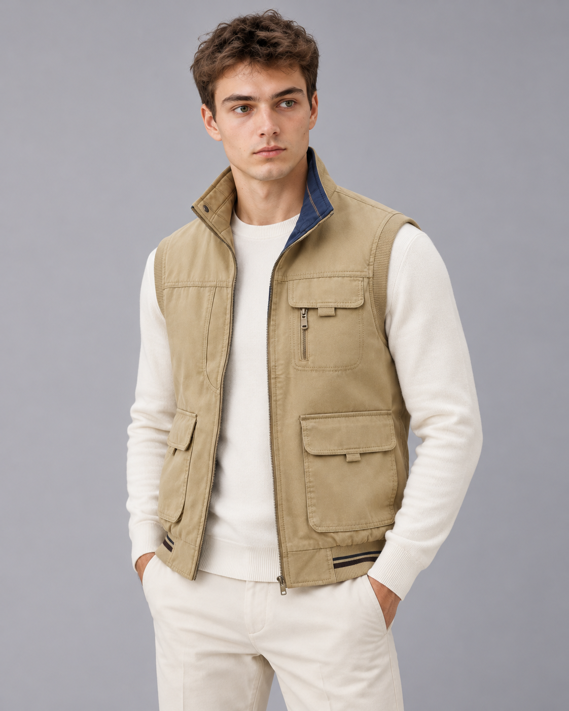 Men's Multi Pocket Gilet with Stand Collar and Full Zip