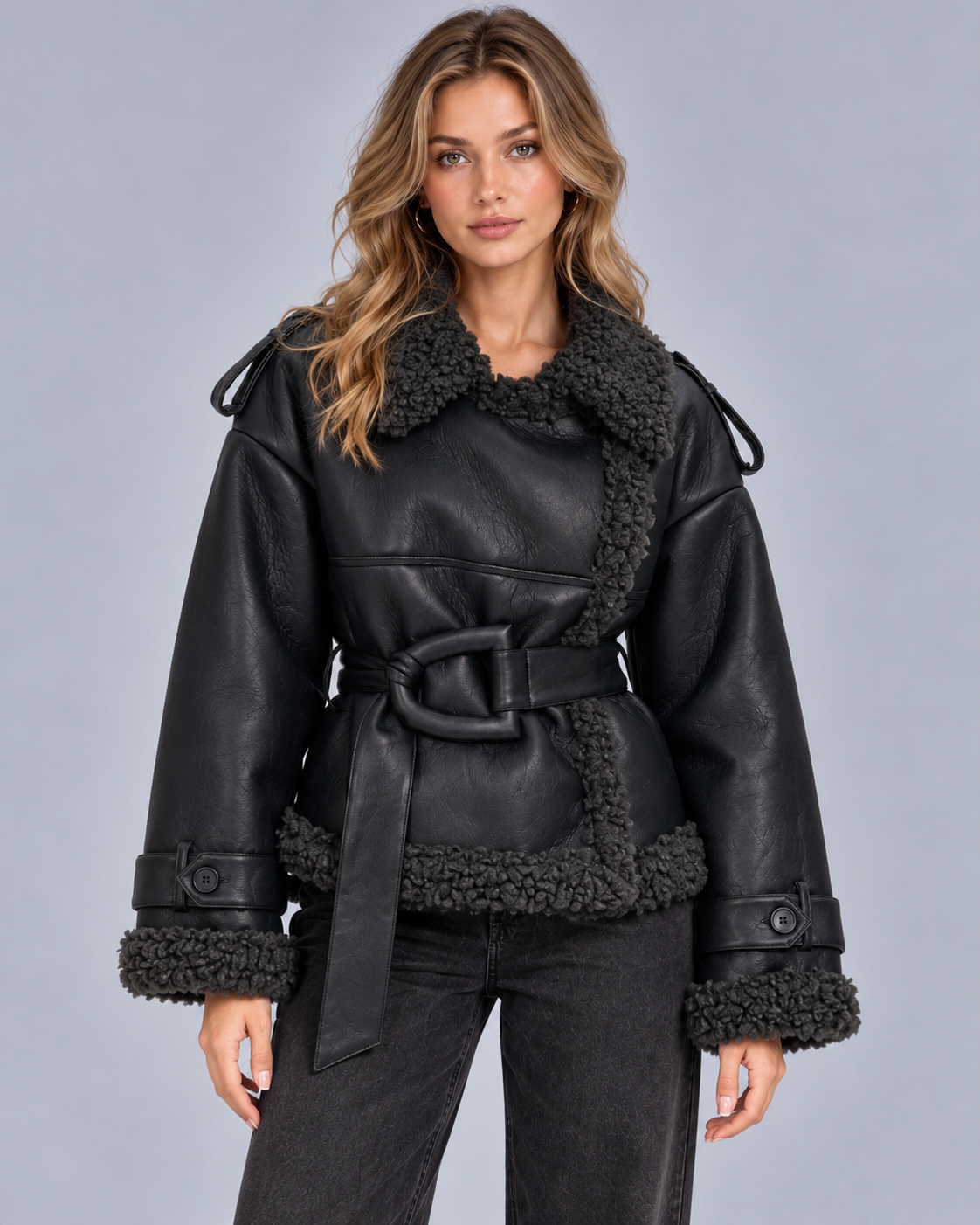 Cropped Leather Shearling Trench Coat | Jacket with Buck Belt and Dropped Shoulder