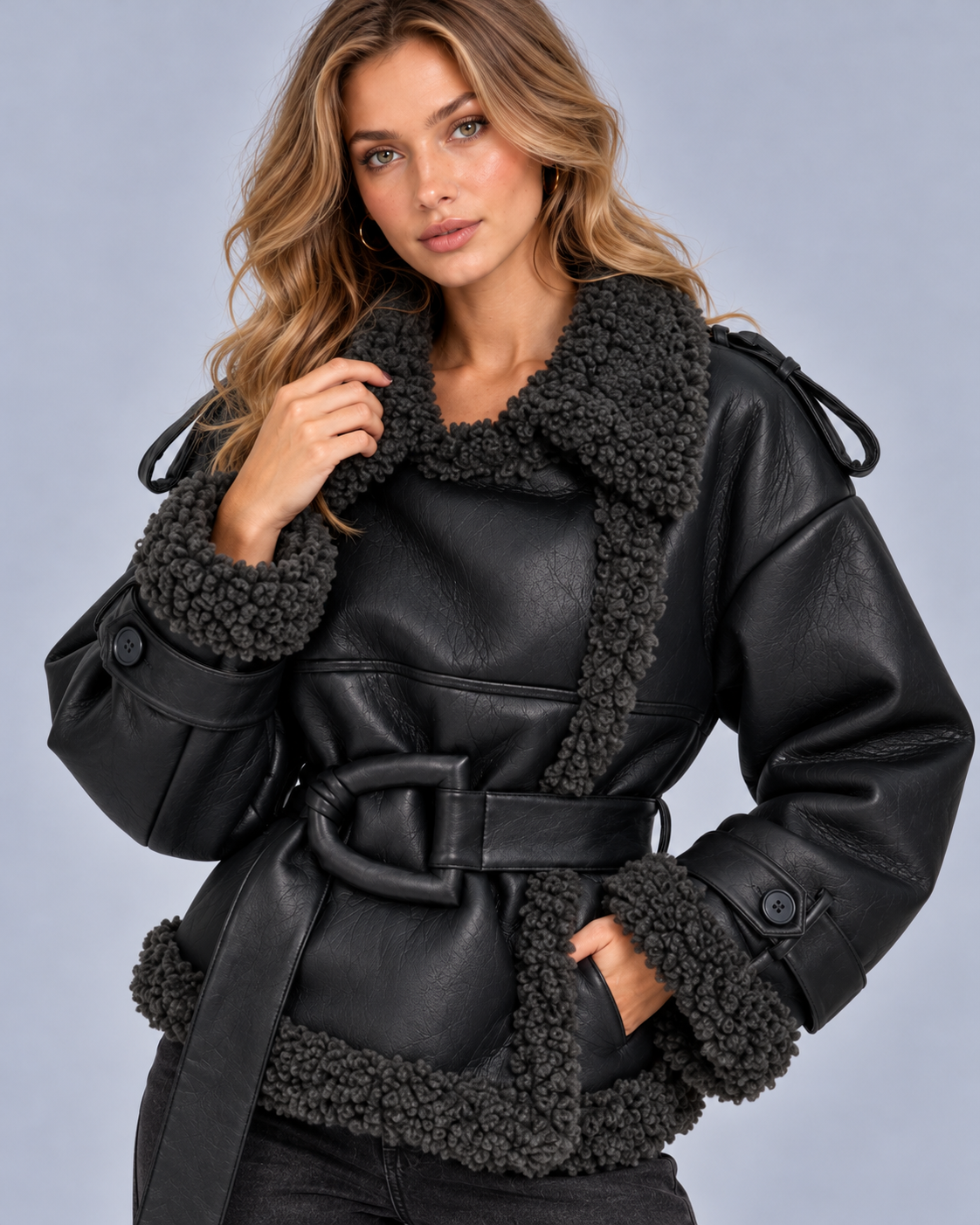 Cropped Leather Shearling Trench Coat | Jacket with Buck Belt and Dropped Shoulder