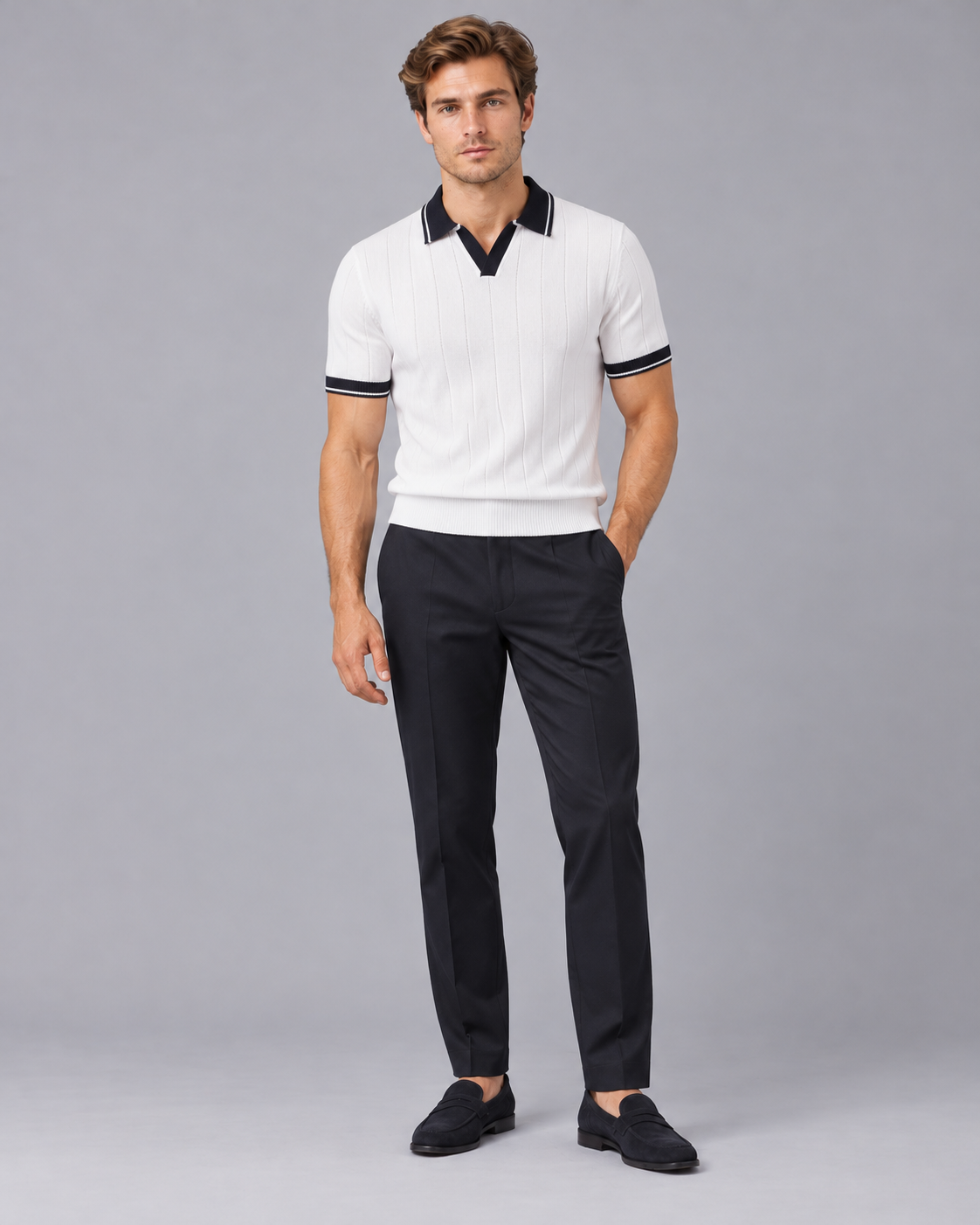 Men's Ribbed-Knit Polo & Tapered Trousers Smart Co-Ord Set