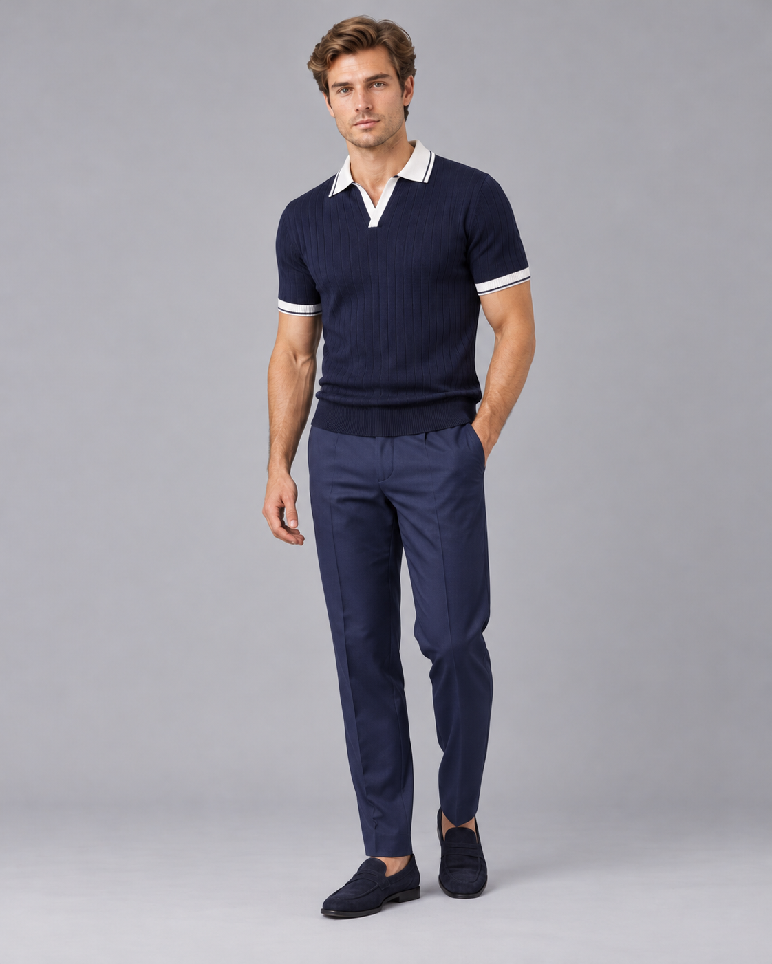 Men's Ribbed-Knit Polo & Tapered Trousers Smart Co-Ord Set